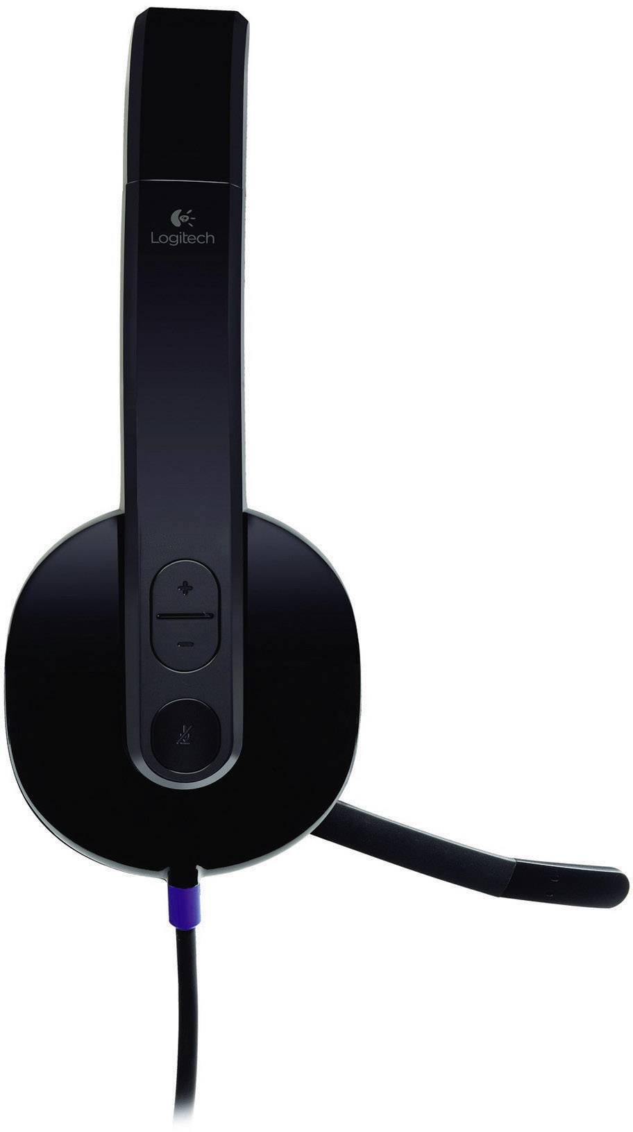 A black Logitech headset with a microphone arm on the right side and a cable connection, suitable for computer and gaming applications.
