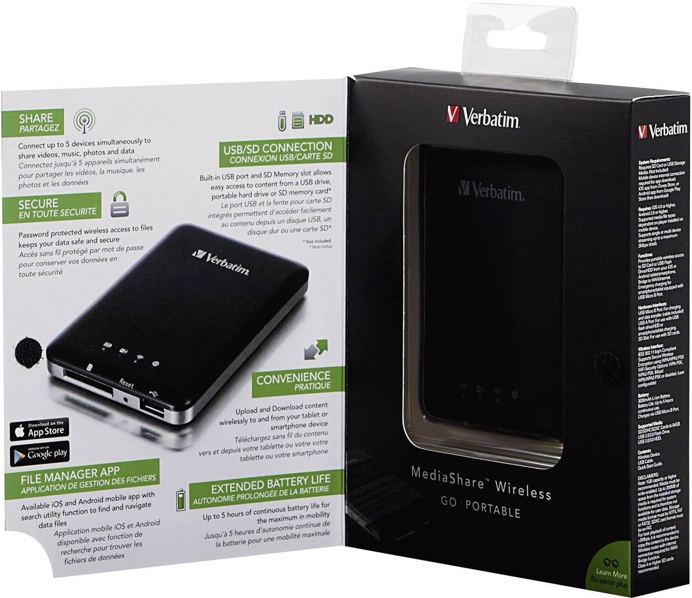 Verbatim MediaShare Wireless Storage Wi-Fi data reader Compatible with: iOS , Android