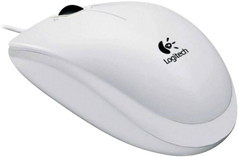 White optical computer mouse with cable, bearing the 'Logitech' logo on its surface.