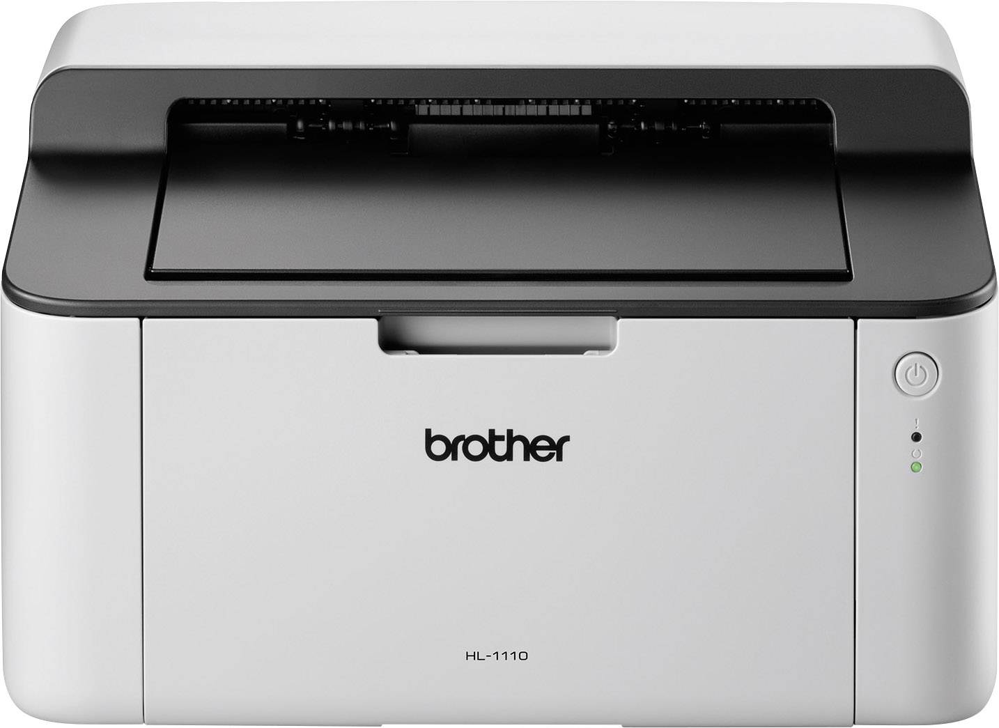 A compact black and white laser printer with the 'Brother' brand logo on the front; Model HL-1110.