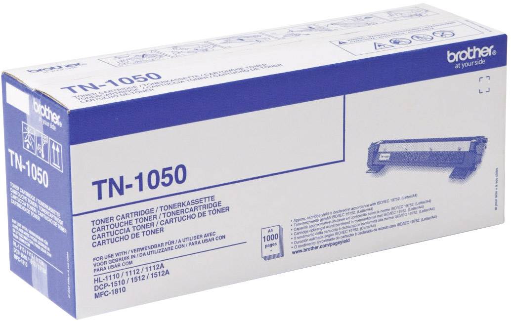 Packaging of a Brother TN-1050 toner cartridge for printer models DCP-1510, DCP-1512, HL-1110, HL-1112 and MFC-1810.