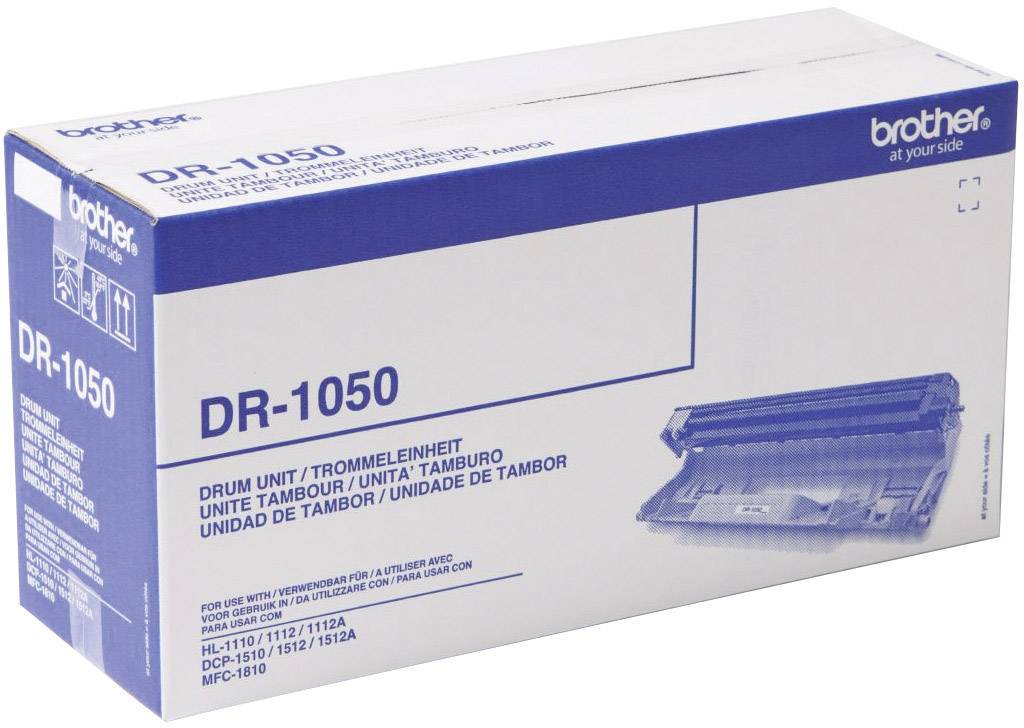 Brother drum unit packaging with model number DR-1050. Packaging displays an image of the product and a list of compatible printer models.