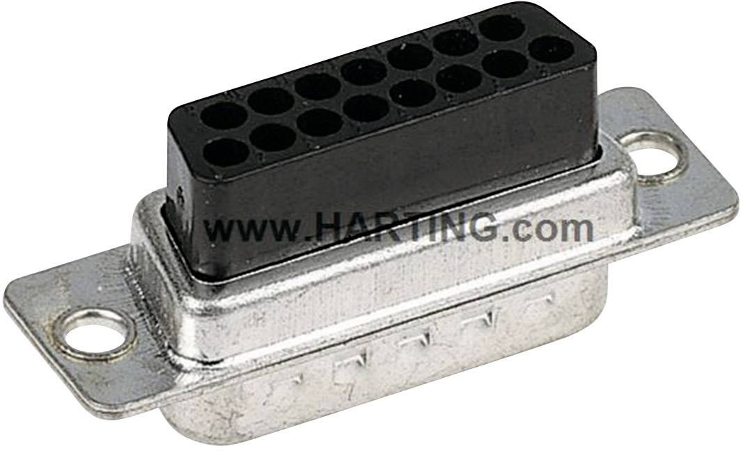 Connector with 15-pin socket, rectangular shape, metal housing, two mounting holes, branded with inscription 'HARTING'.