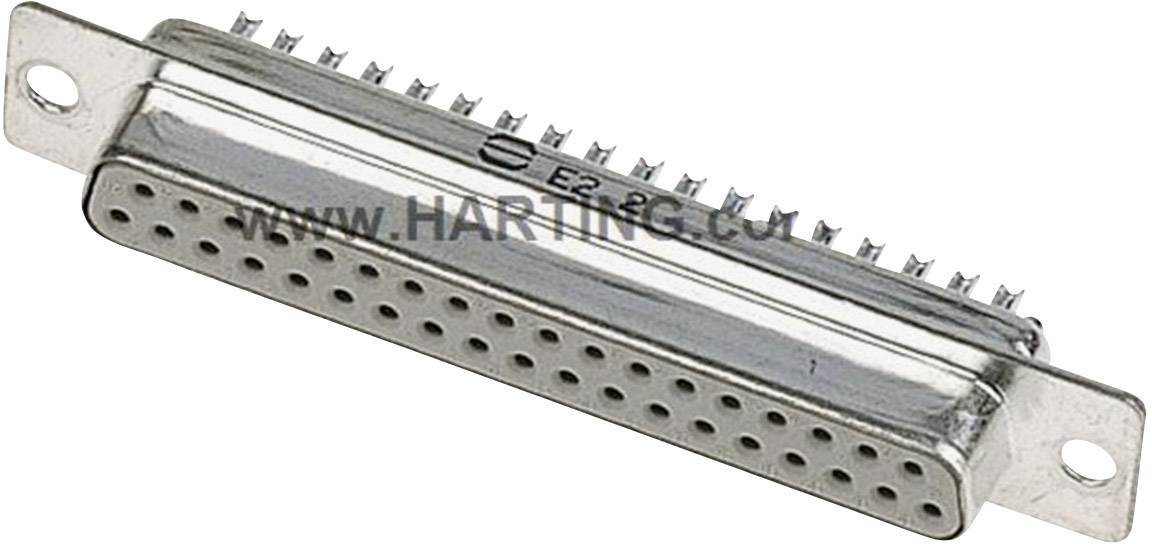 A rectangular metal connector with rows of pins, on which 'www.HARTING.com' is written.