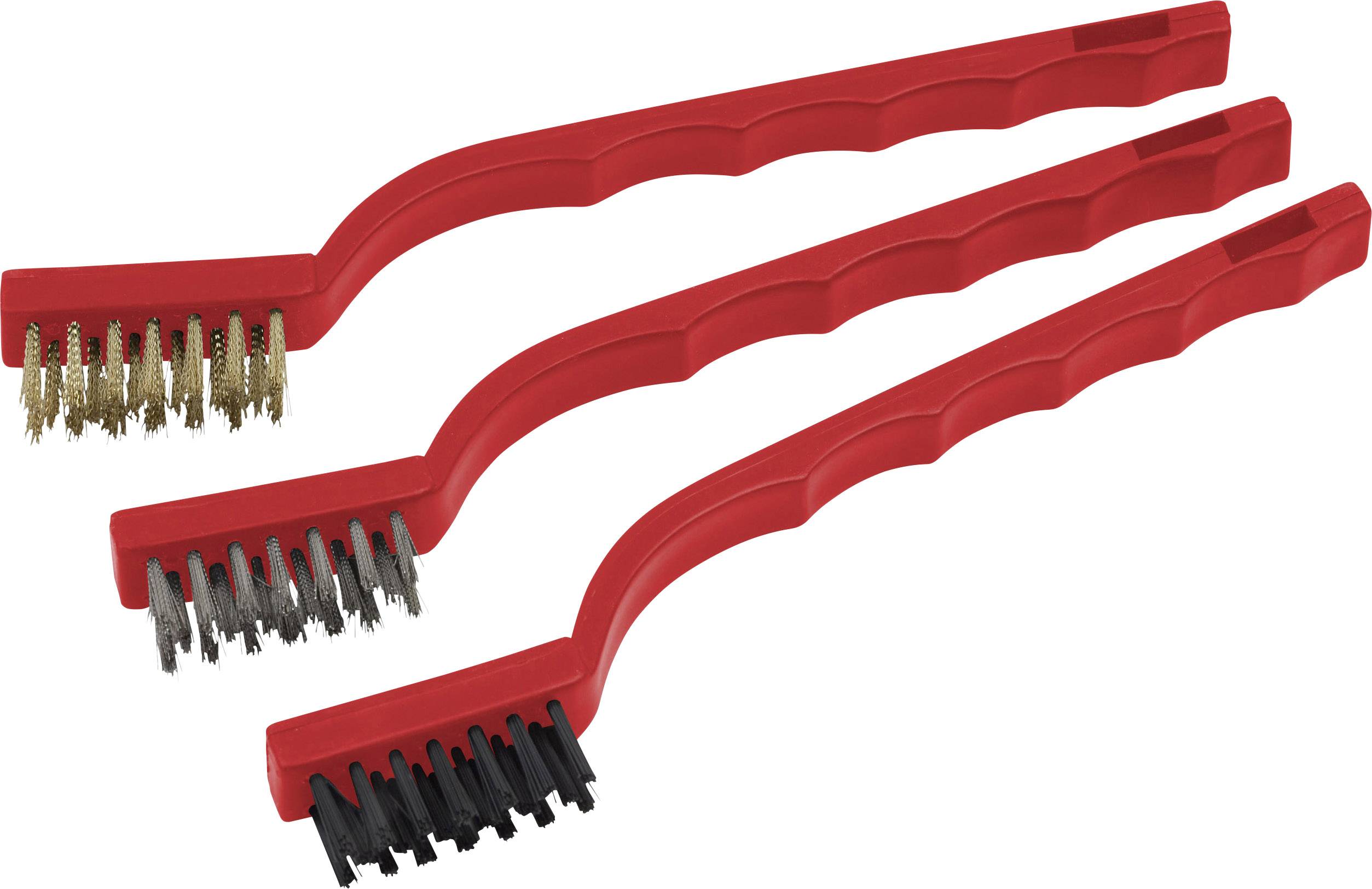 Three wire brushes with red handles lined up in a row. Brass, steel, and nylon bristles are used for cleaning different surfaces.