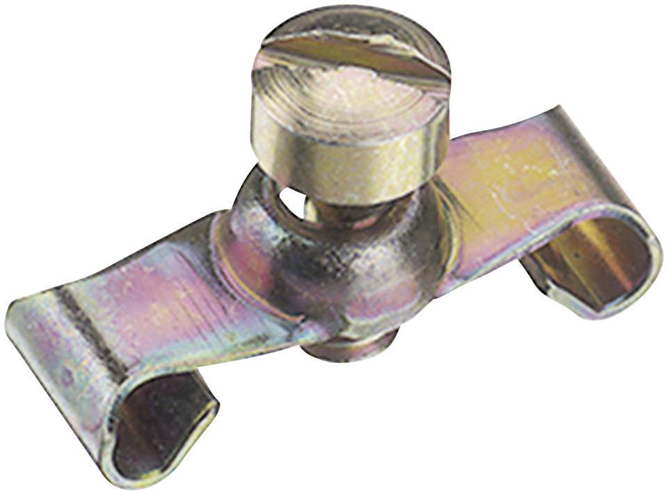 Metallic securing clip with screw for fastening objects, shiny and slightly rust-resistant.