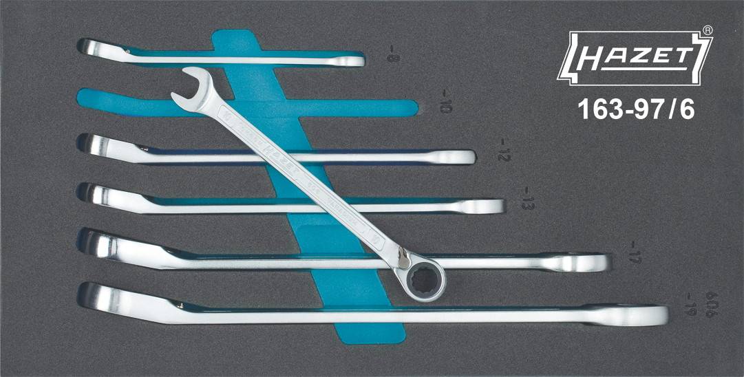 Six-piece Hazet ring spanner set in foam insert, sizes ranging from 6 to 19 mm. Logo and model number positioned top right.
