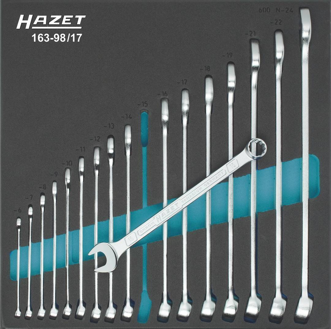 Set of 17 HAZET combination spanners, arranged by size from 6 to 24 mm, on a black background.
