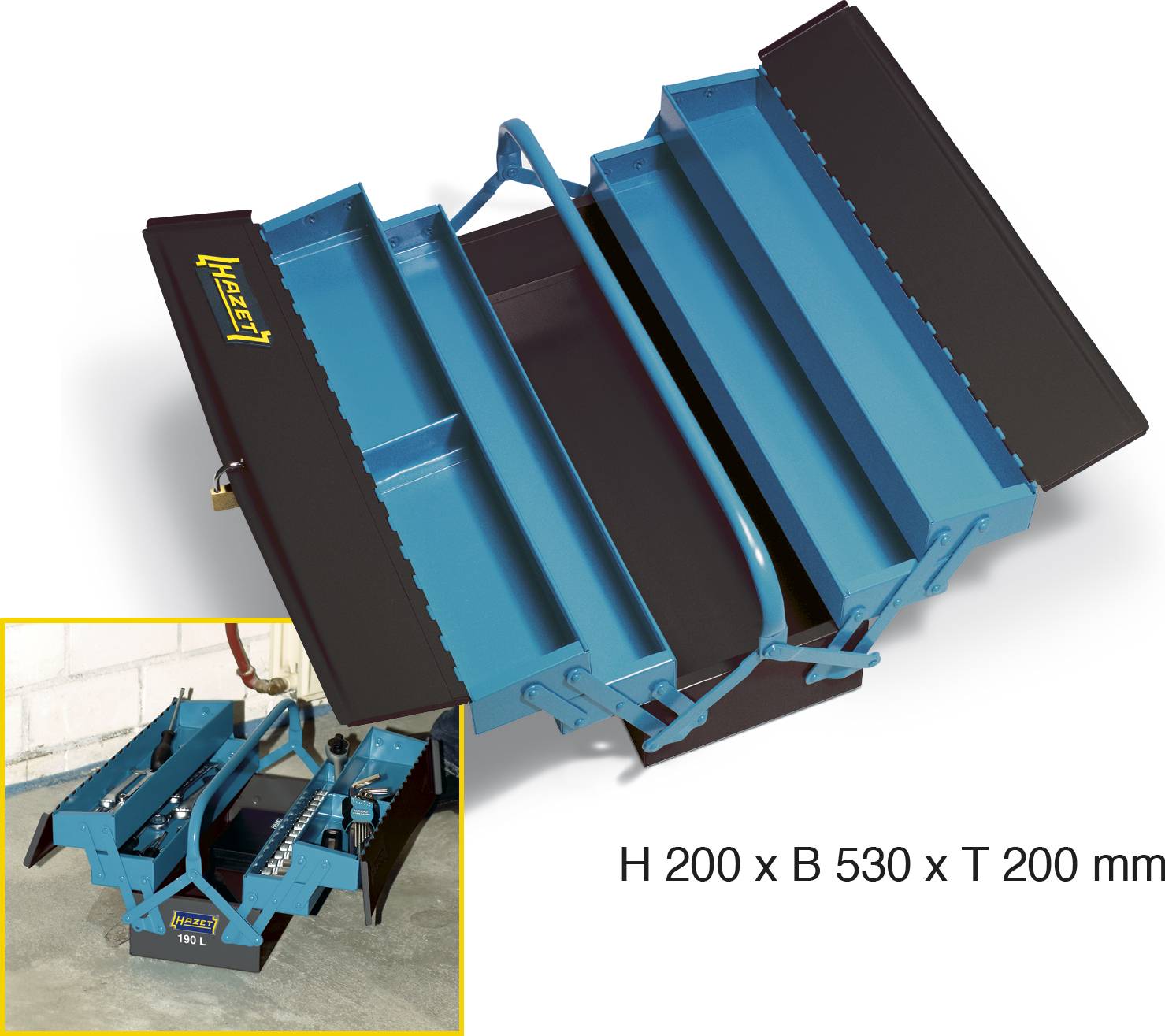 'Heuer' blue tension tool, shown open. Height 200 mm, width 530 mm, depth 200 mm. Suitable for workbench mounting.