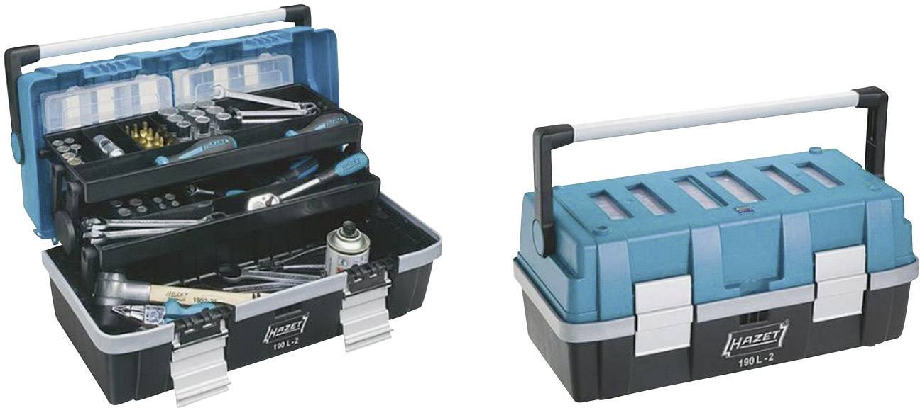 Hazet toolbox, Model 190 L-2, opened with various tools and closed with carrying handle, in blue and black.