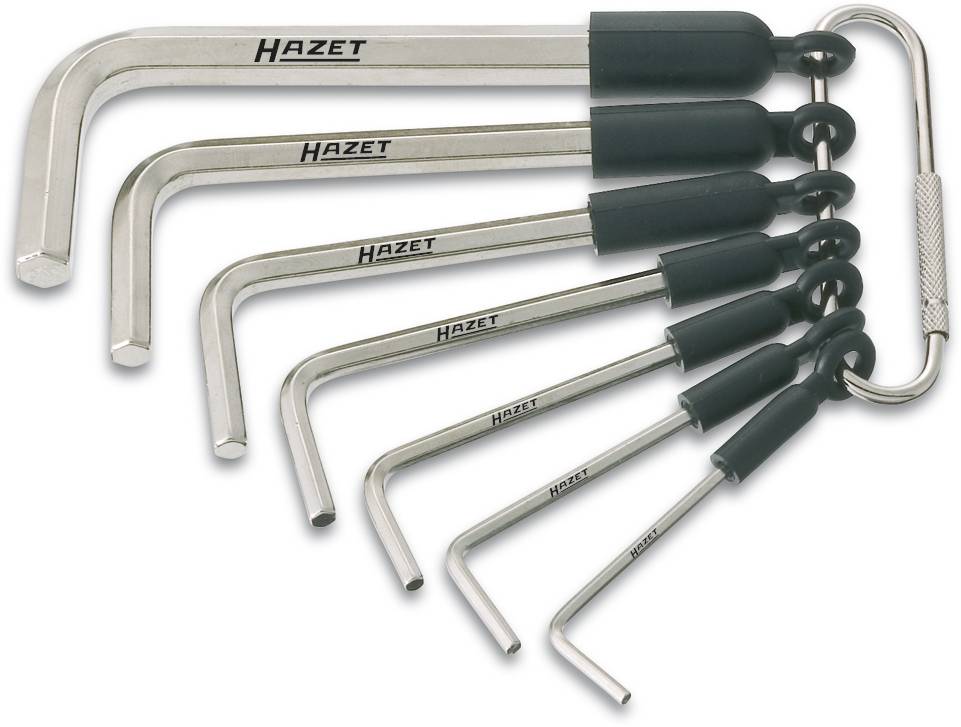 A set of eight Allen keys in various sizes on a ring, with the 'Hazet' brand name on each key.