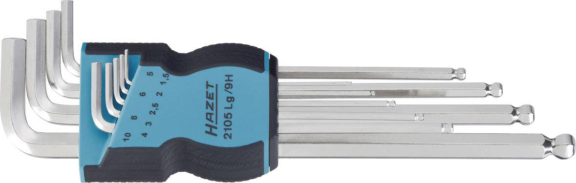 A set of seven hexagonal Allen keys in various sizes, held together by a blue holder with the inscription 'Hazet 2105 Lg/9H'.