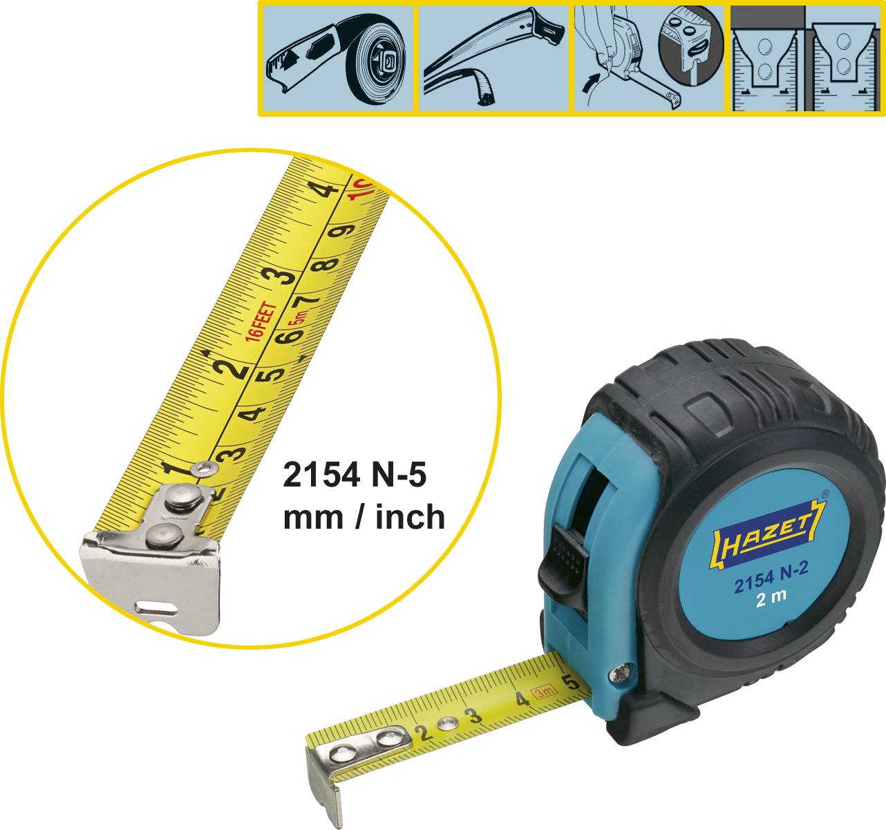 Hazet measuring tape, extended to approximately 5 cm, shows '2154 N-5 mm / inch'. Background features pictograms depicting applications.