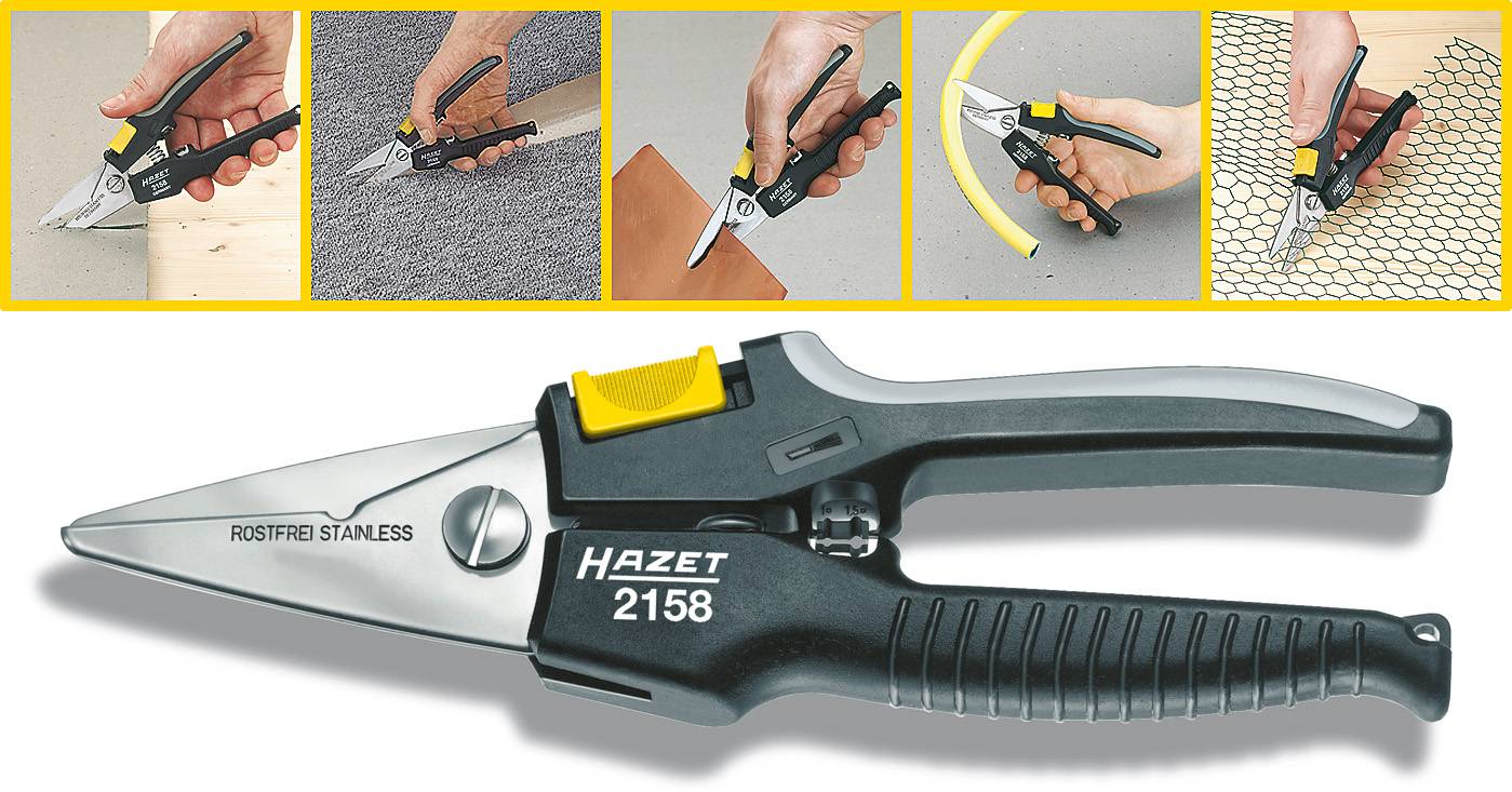 Shears 'HAZET 2158' for cutting sheet metal, carpet, wire, and plastic, with stainless steel blades and black plastic handle.