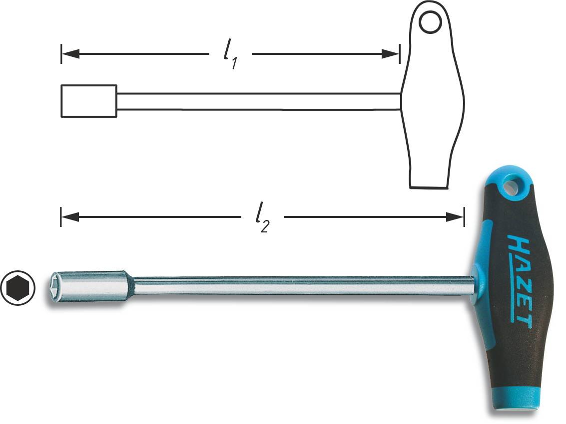 T-key with handle and socket insert, Hazet brand. Diagram shows dimensions l1 and l2.
