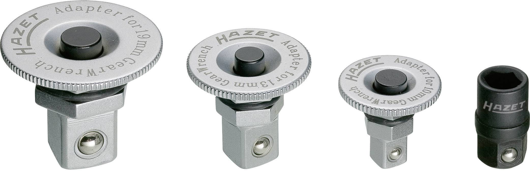Four adapters of different sizes for torque wrenches by Hazet. On the left, three attachments with rotary mechanism, on the right a hexagonal adapter.