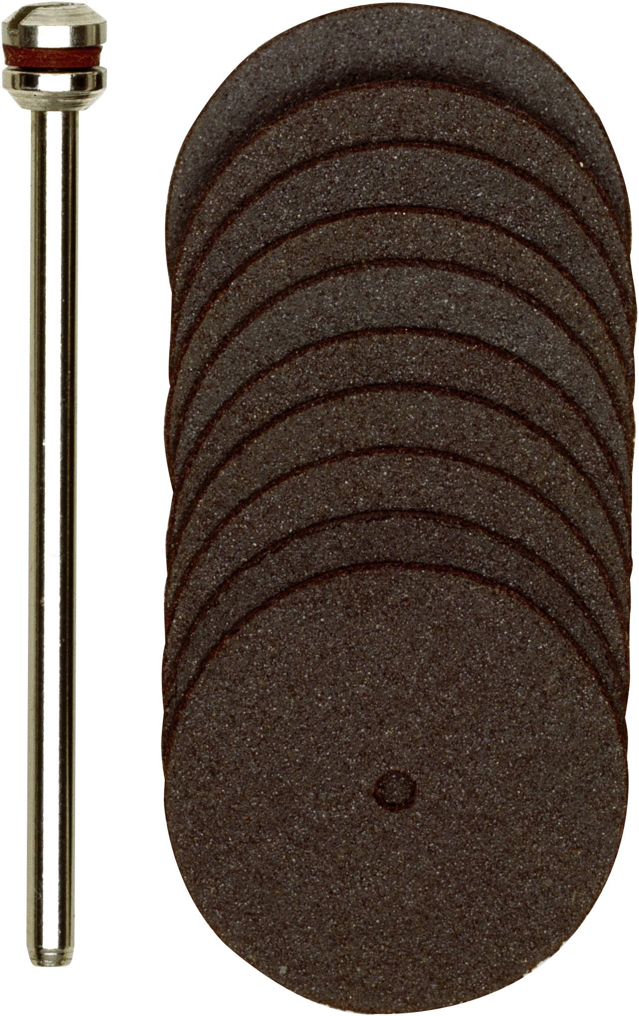 A stack of ten grinding discs standing upright next to a grinding rod. The grinding discs are dark brown and oval-shaped.