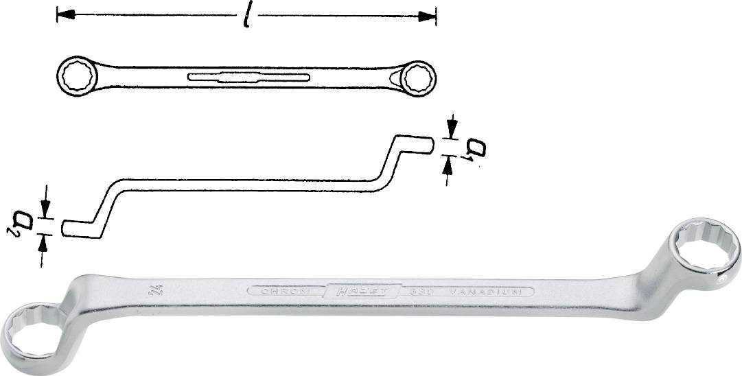 A ring spanner in side view with dimensions and sketched views. Suitable for securing bolts and nuts.
