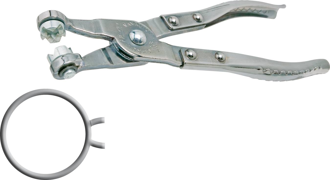 Pictured is a silver hose clip pliers, used for opening and closing hose clips, with a clip positioned beside it.