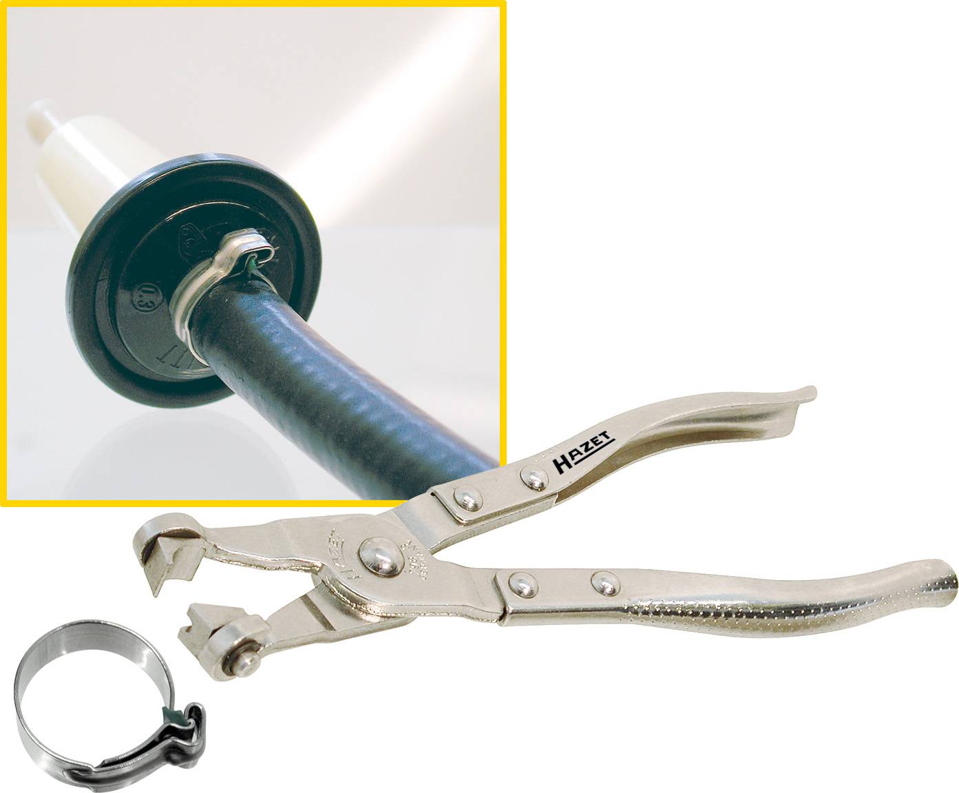 Special pliers by Hazet with a hose clip mounted on a black and grey hose.