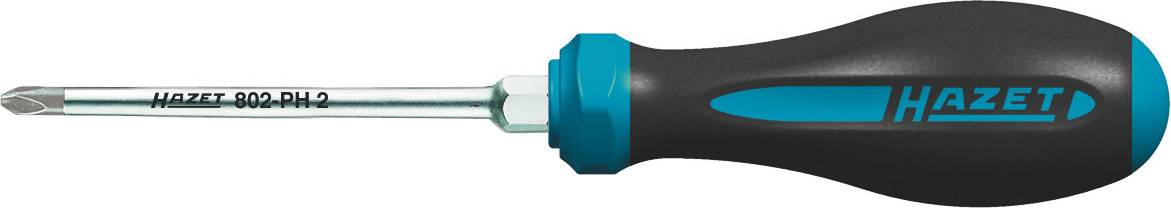 Screwdriver with blue-black handle by the brand 'Hazet', model number 802 PH-2, with a cross-head tip.