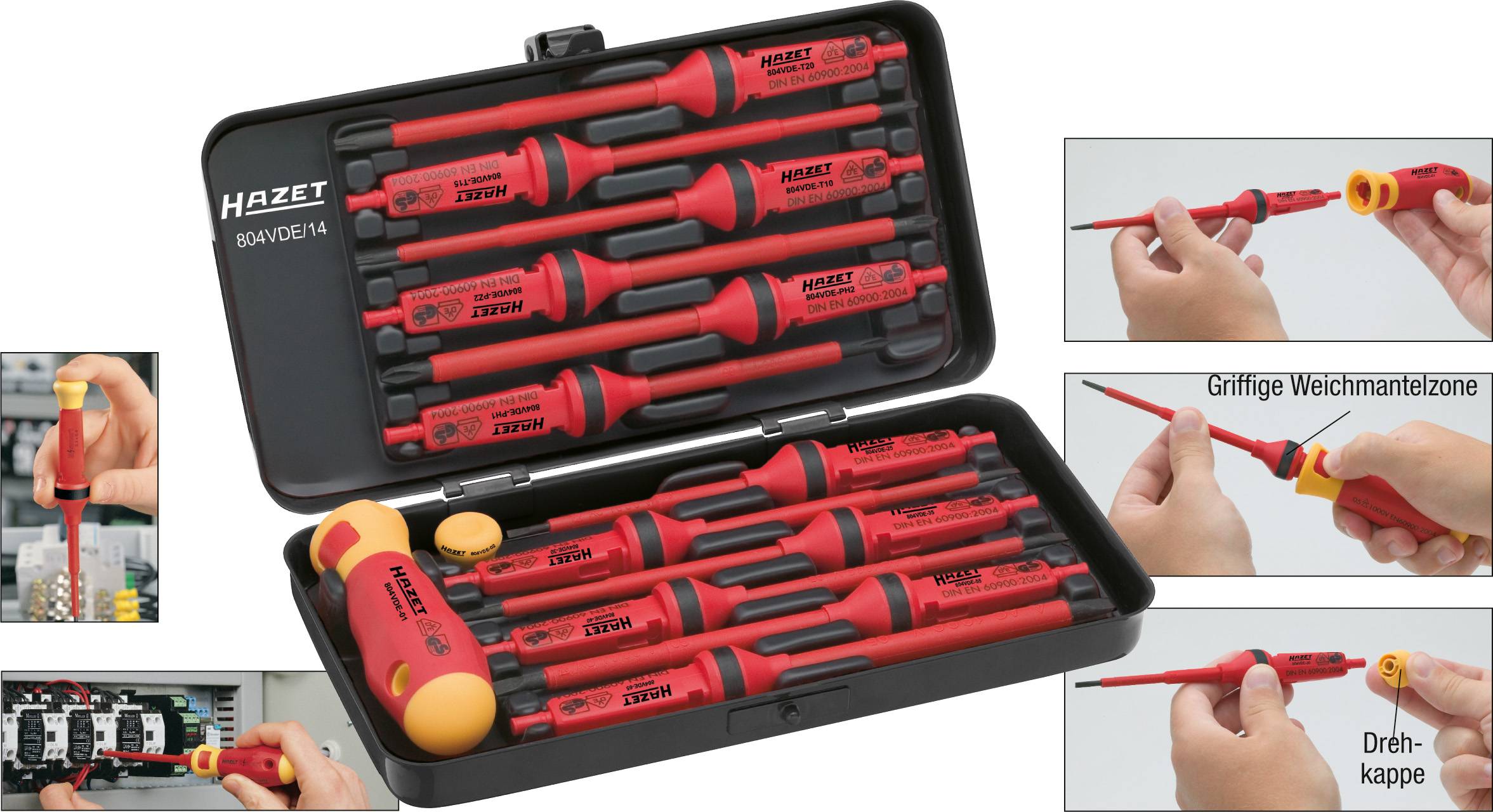 A set of isolated screwdrivers in a black case with red handles, suitable for electrical work, including rotary cap.