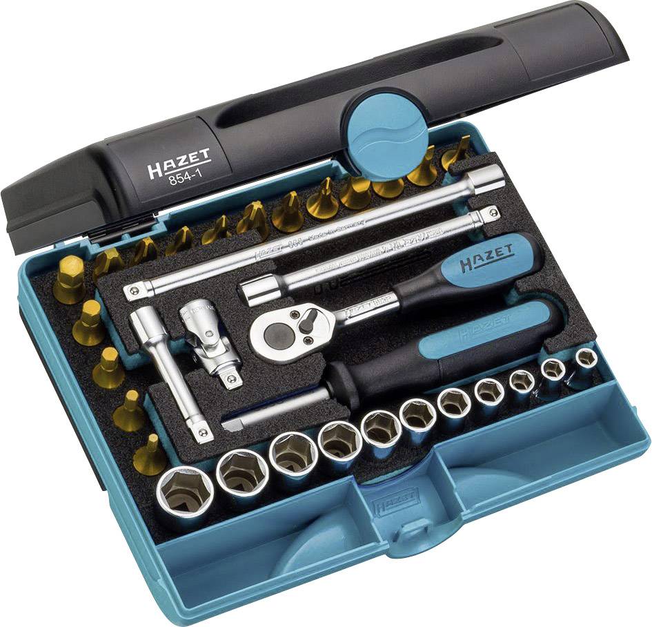 An open toolbox contains various hand tools and socket attachments.