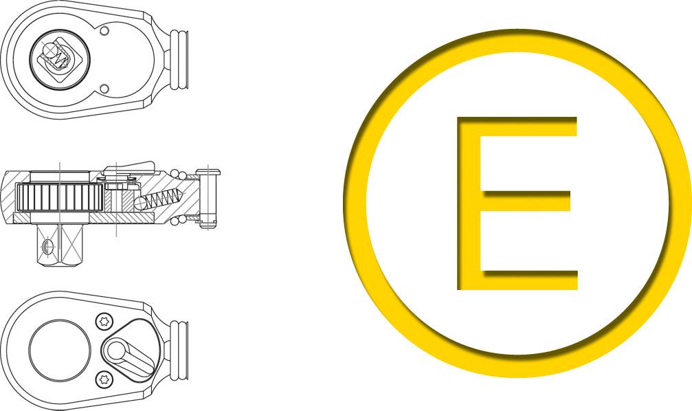 Technical drawing of a mechanical component with a cross-section view on the left and a large yellow letter 'E' in a circle on the right.