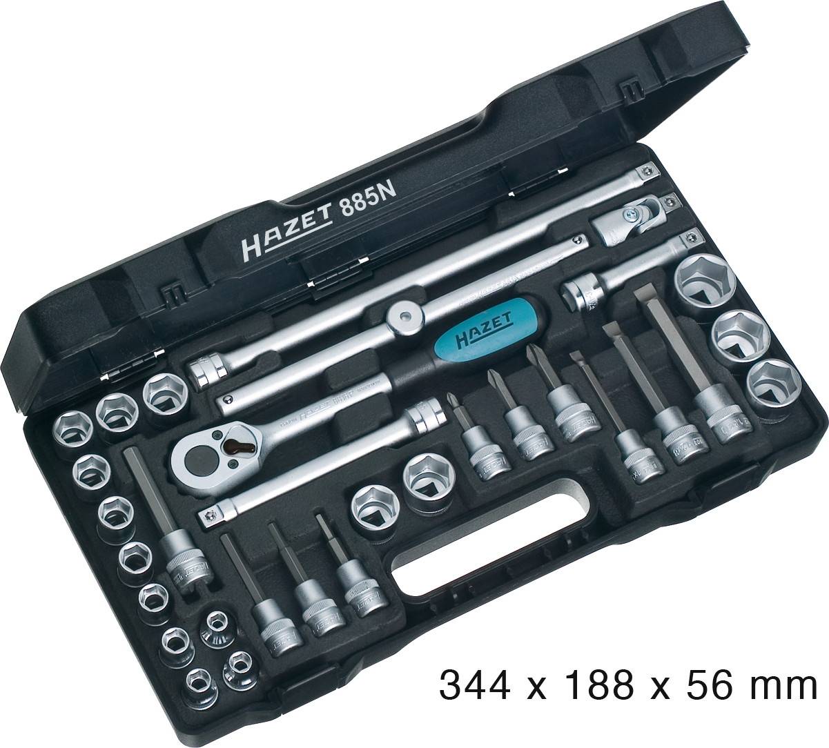 Tool case with ratchet, extensions, sockets and bits. Label: Hazet 885N. Size: 344 x 188 x 56 mm.