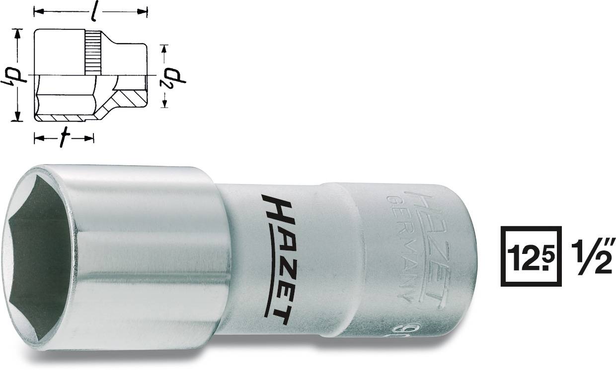 Socket wrench with HAZET logo, technical drawing shows dimensions. Size 12.5 mm (1/2