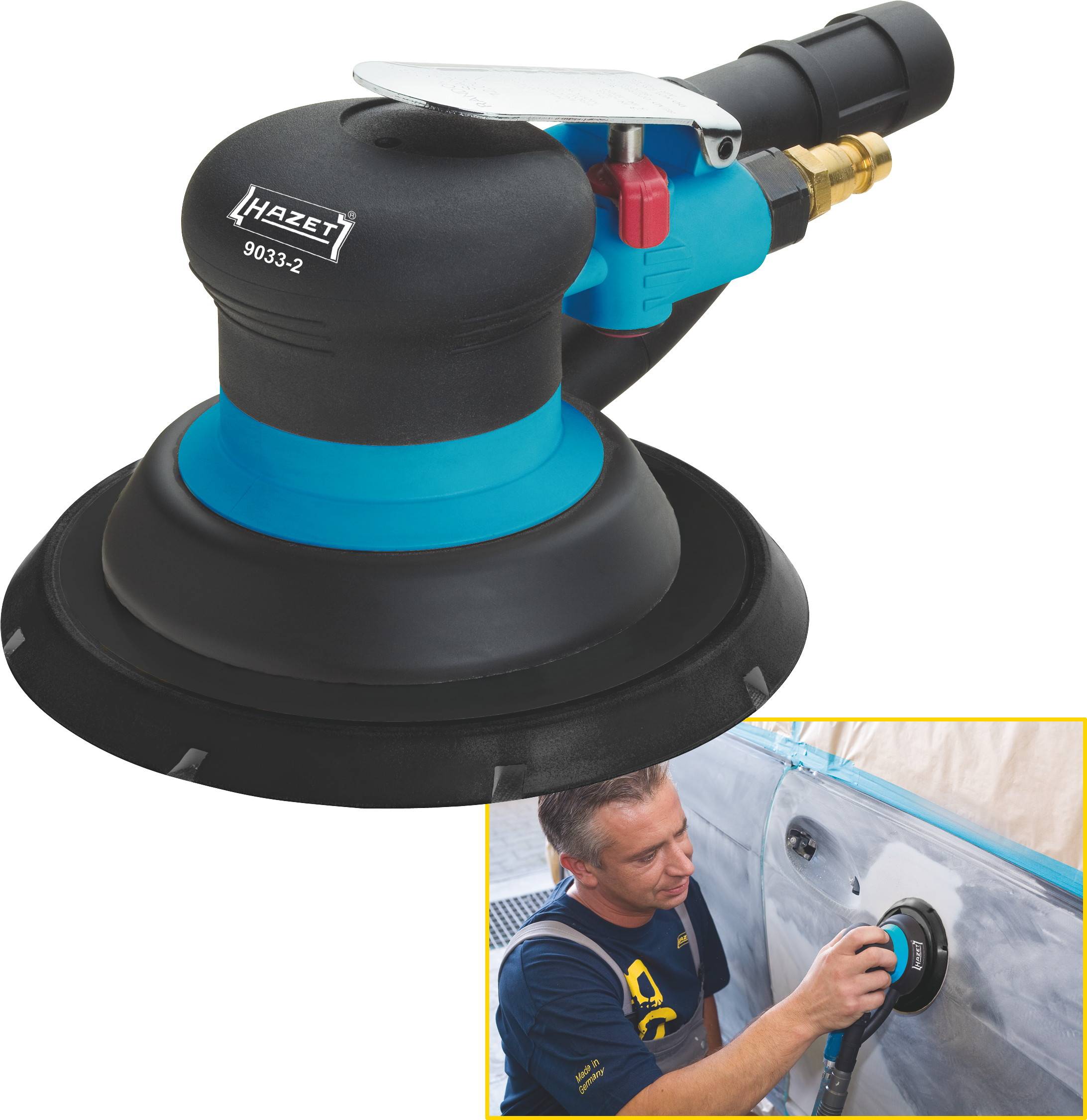 A worker is using a blue and black compressed air sander on a vehicle. The sander is a 'Hazet 9033-2' model.