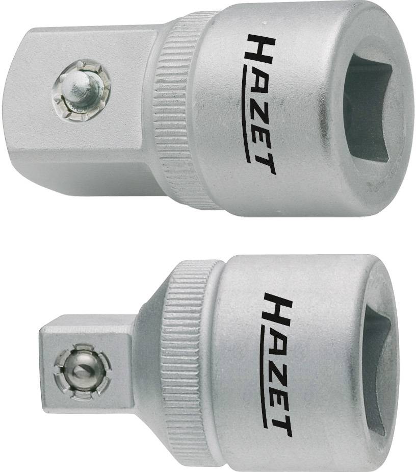 Two silver adapters for socket keys with the 'Hazet' logo. The upper adapter has a larger square drive, the lower one a smaller square drive.