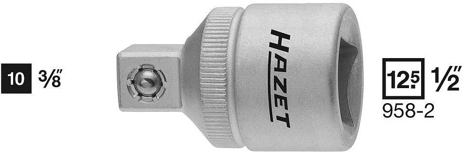 'HAZET' Adaptor, square drive size 3/8 inch to 1/2 inch, Article Number 958-2, silver metal tool.