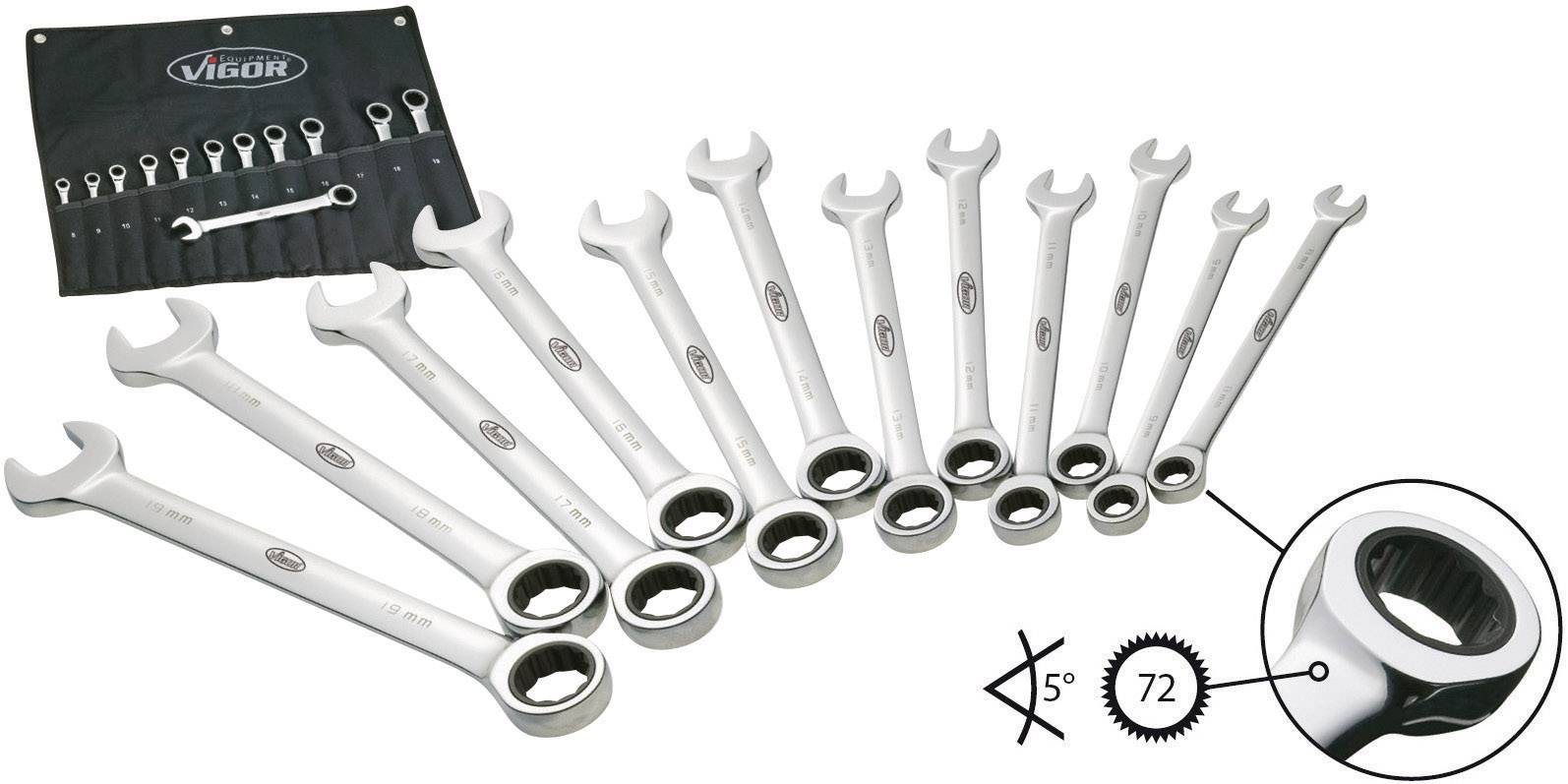 Set of ratchet spanners, sizes sorted. Shows alignment of 5 degrees and 72 teeth for precise adjustment. Contains ten spanners.