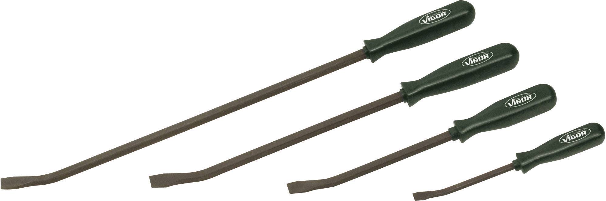 Four green screwdrivers with brown blades in various sizes, arranged from large to small on a white background.