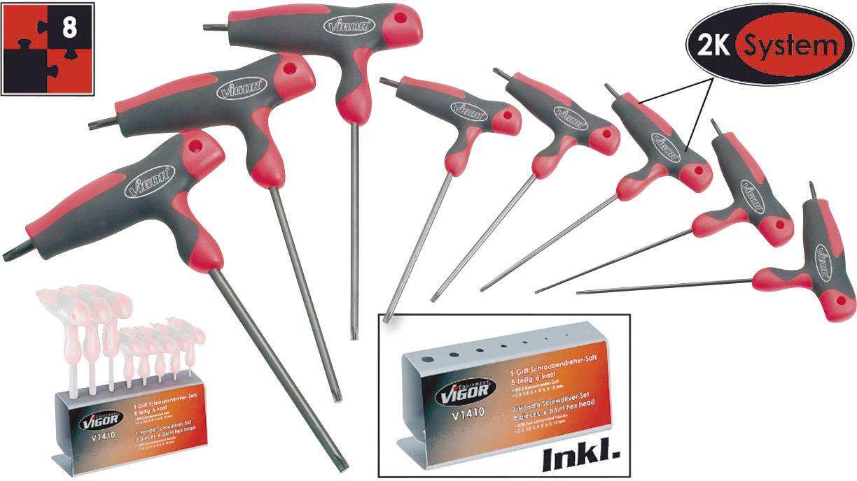 Eight-piece hex key set by Vigor, red-black. Includes a stand for storage and labelled '2K System'.