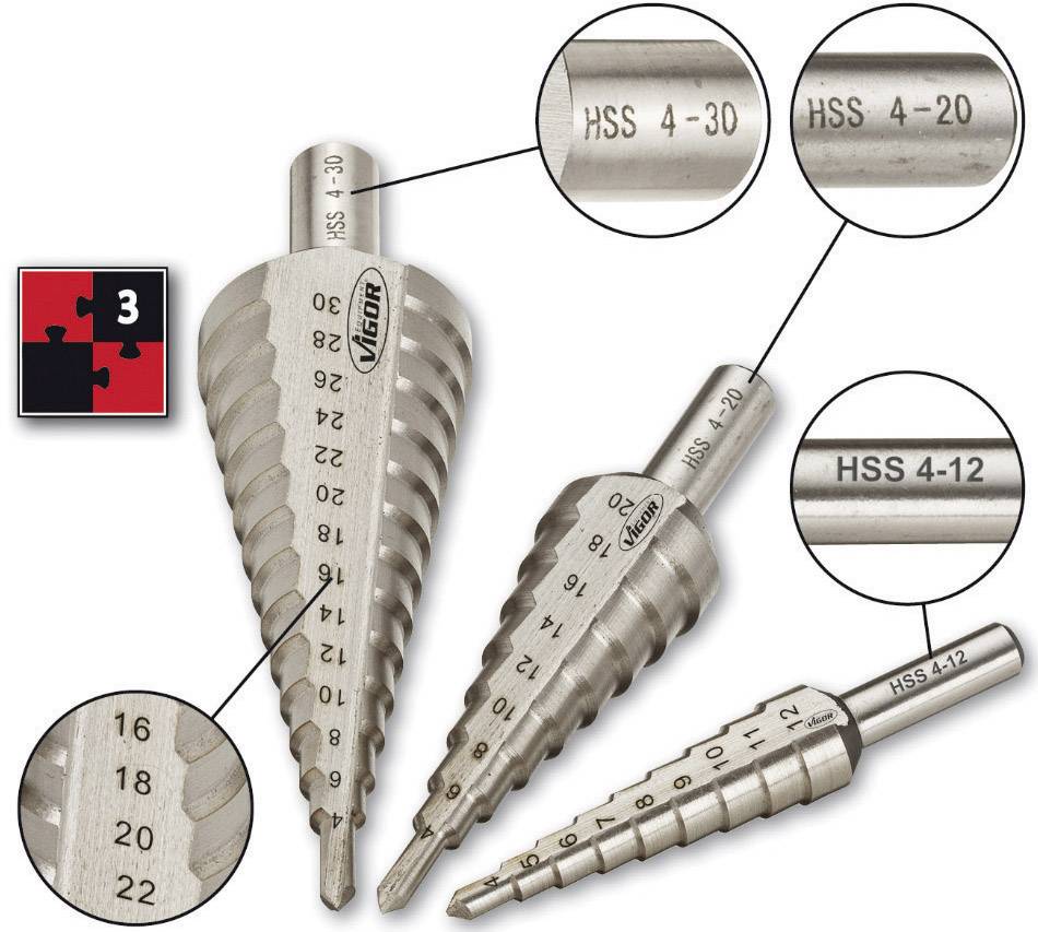 Vigor V1707 HSS Step drill bit set 4 - 12 mm, 4 - 20 mm, 6 - 30 mm Cylinder shank 1 pc(s)