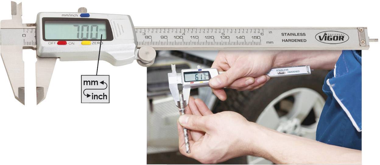 A person is measuring with a digital calliper. The display shows '5.68 mm'. The device has a switchover function between mm and inch.