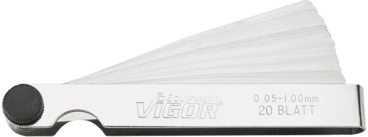 'VIGOR Feeler Gauge 0.05–1.00 mm, 20 Pieces' shows a tool with stacked blades for measuring thickness in millimetres.