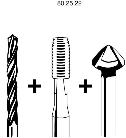Illustration of three tools in a row: a twist drill, a tap, and a countersink. Numbers above: 80 25 22.