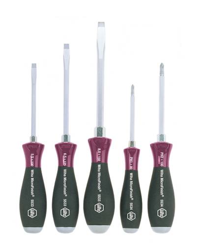 Five screwdrivers in various sizes and blade types with black and red handles, arranged upright side by side.