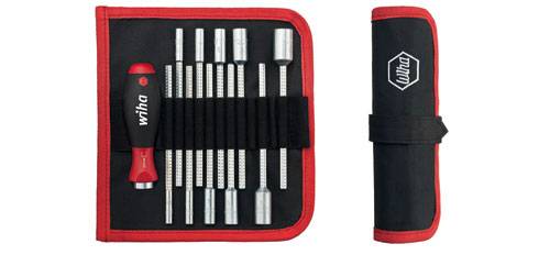 Screwdriver set with red handle and nine interchangeable bits in a black fabric pouch with red edges and Wiha logo.