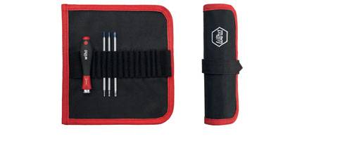 Screwdriver set with three blue screwdrivers in a black case with a red border. Shown closed and open.