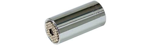 Cylindrical, silver universal key attachment, suitable for various screw sizes through flexible pins inside.