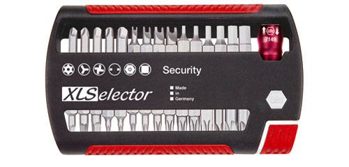Multifunctional bit set with numerous bits for various screw heads. Text 'Security' and 'XLSelector' on the case.