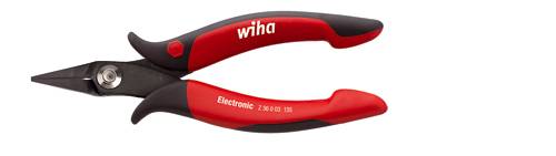 Red and black Wiha electronic pliers with a fixed grip, suitable for precise cutting of wires and electronic components.