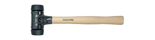 A rubber mallet with a wooden handle and black head, suitable for delicate work and shock absorption.