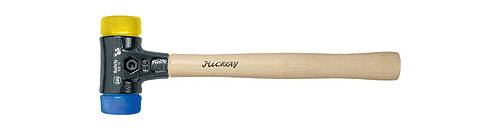 A hammer with a wooden handle, black head and two rubber caps: one yellow, one blue. 'LUCAS' is written on the handle.