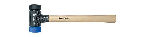 Rubber mallet with black and blue head, wooden handle with 'Hickory' inscription.