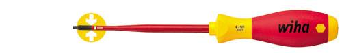 Screwdriver with a red handle and yellow tip. Brand marking on the handle. Insulated for safety. Tip is flat and wide.